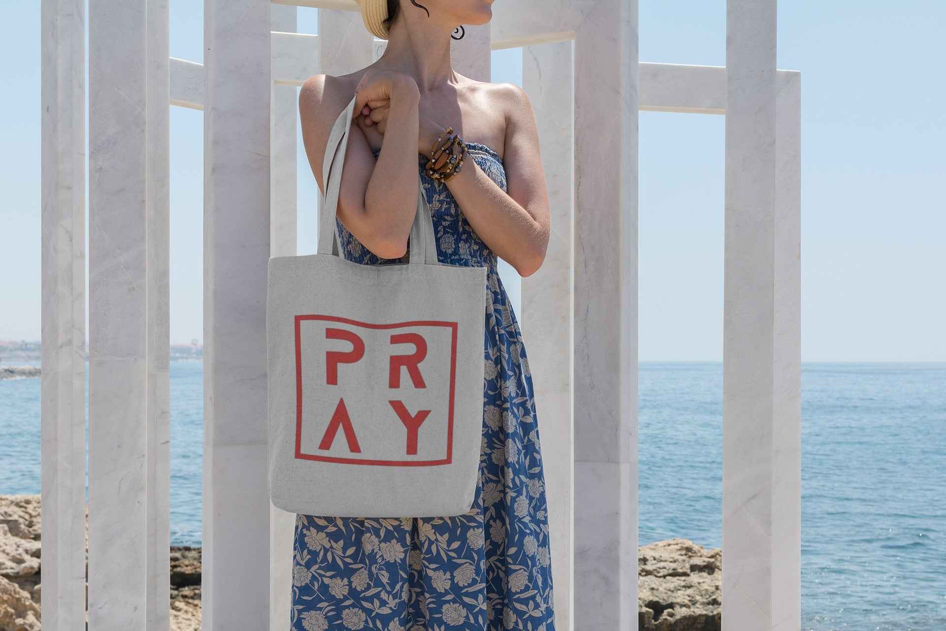 PRAY Elegant Canvas Tote Bag with Red Logo Print