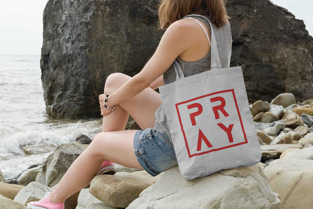 PRAY Elegant Canvas Tote Bag with Red Logo Print