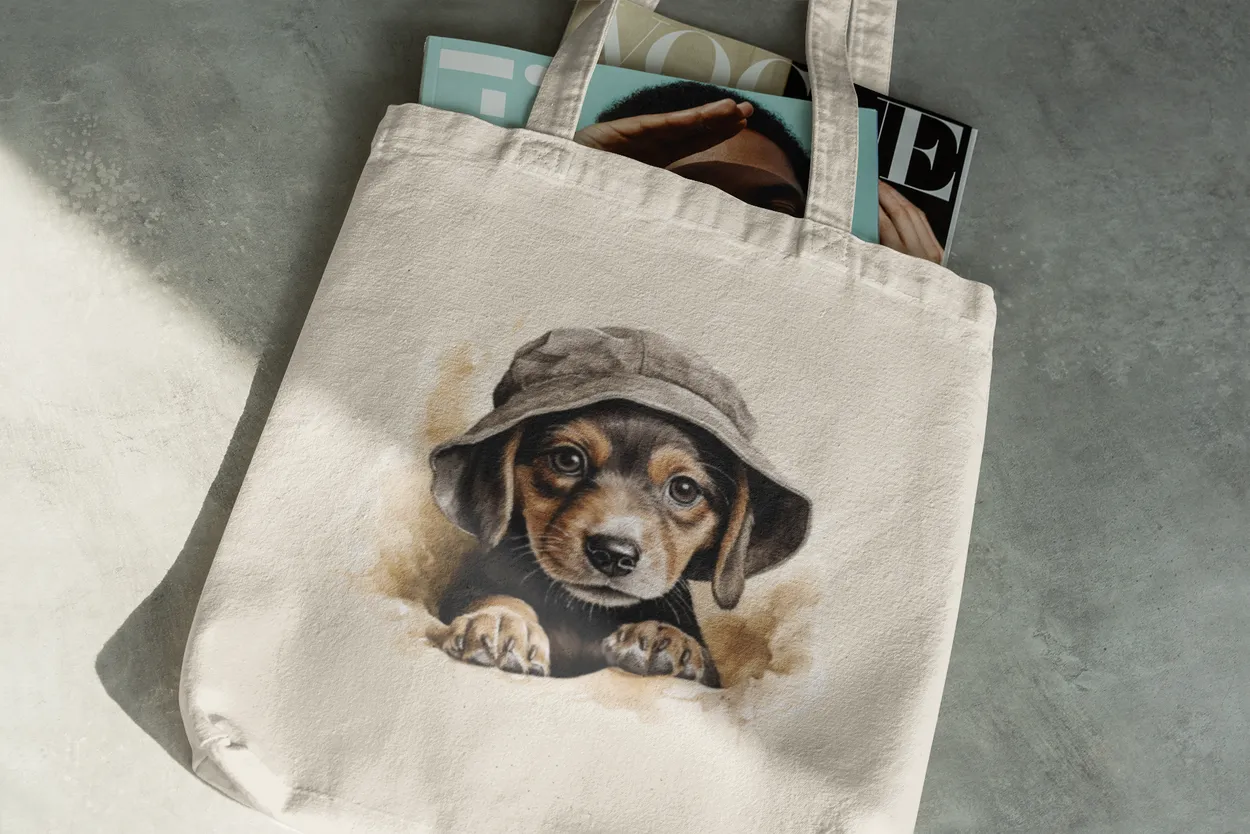 Cute Beagle in hat Watercolor Art Reusable Canvas Shopping Tote