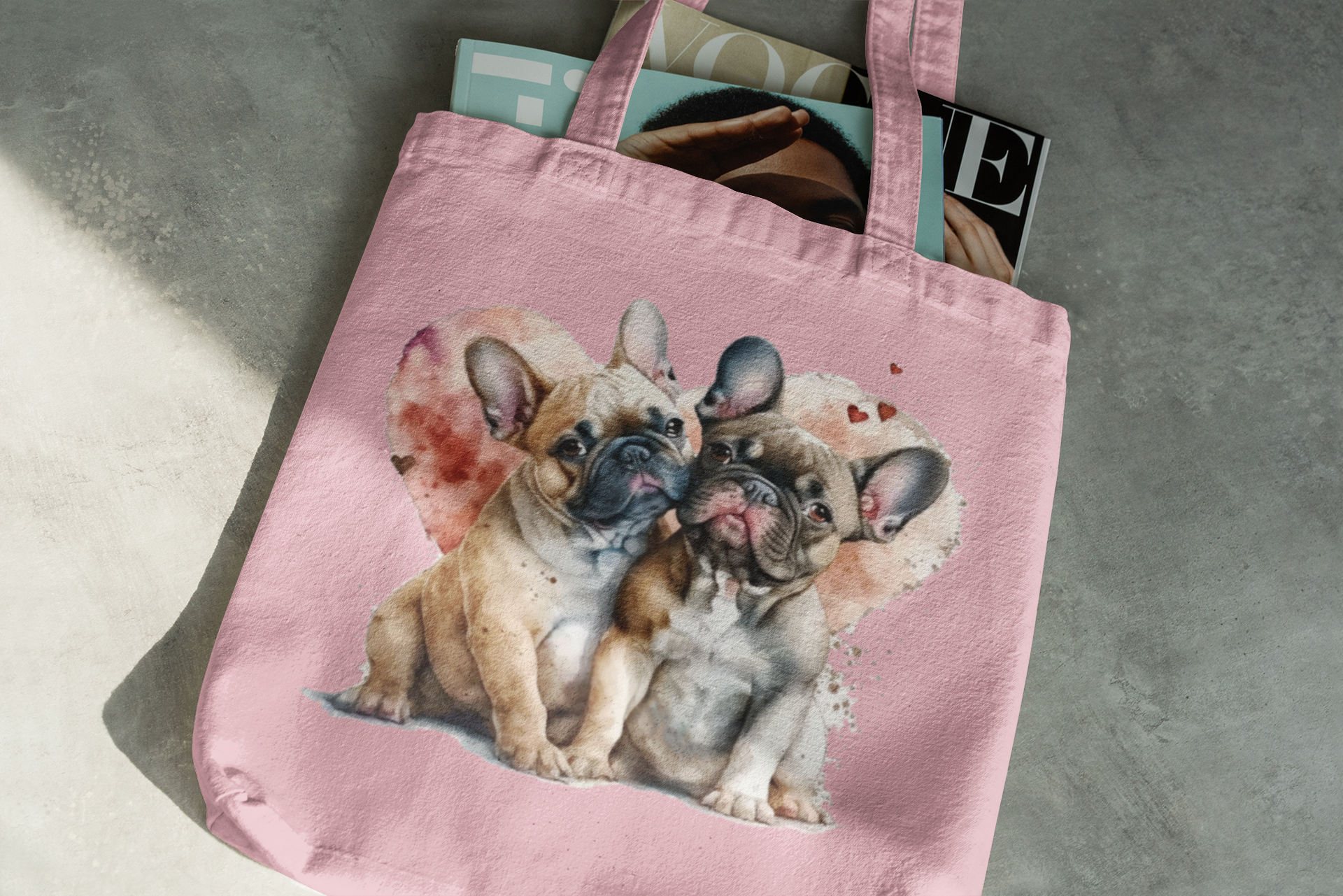 French Bulldog Love Canvas Tote Bag, Canvas Cotton Shopping Bag with Puppy Design