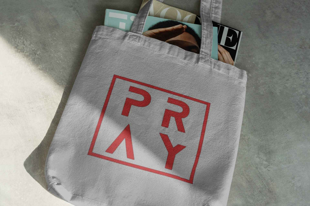 PRAY Elegant Canvas Tote Bag with Red Logo Print