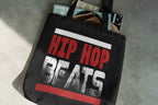 Hip Hop Beats Black Canvas Bag, Graphic Print Design, Stylish Shoulder Carry, Music Theme Shopping Bag