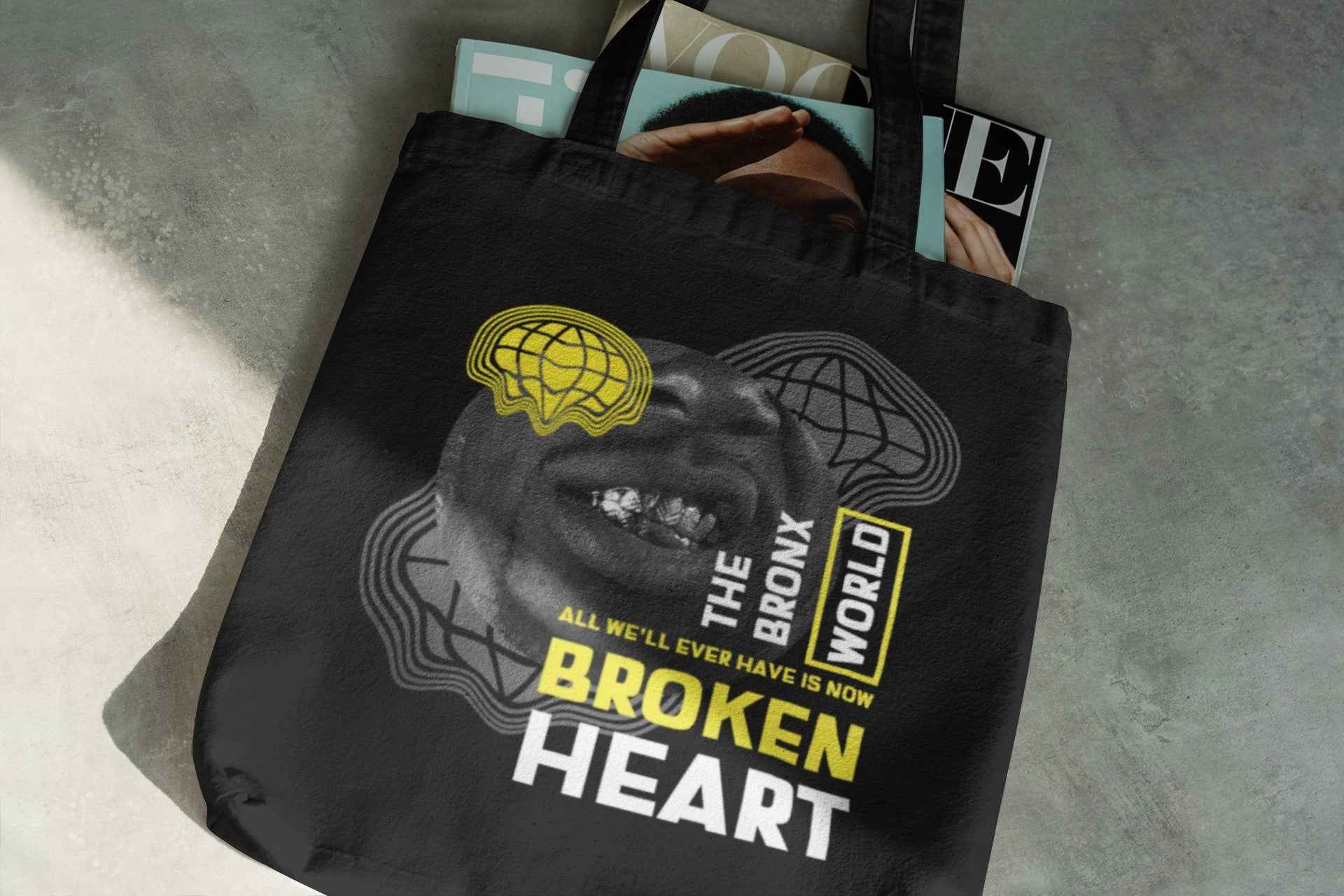 Broken Hearts Reusable Canvas Tote Bag, Black with Yellow and White Print