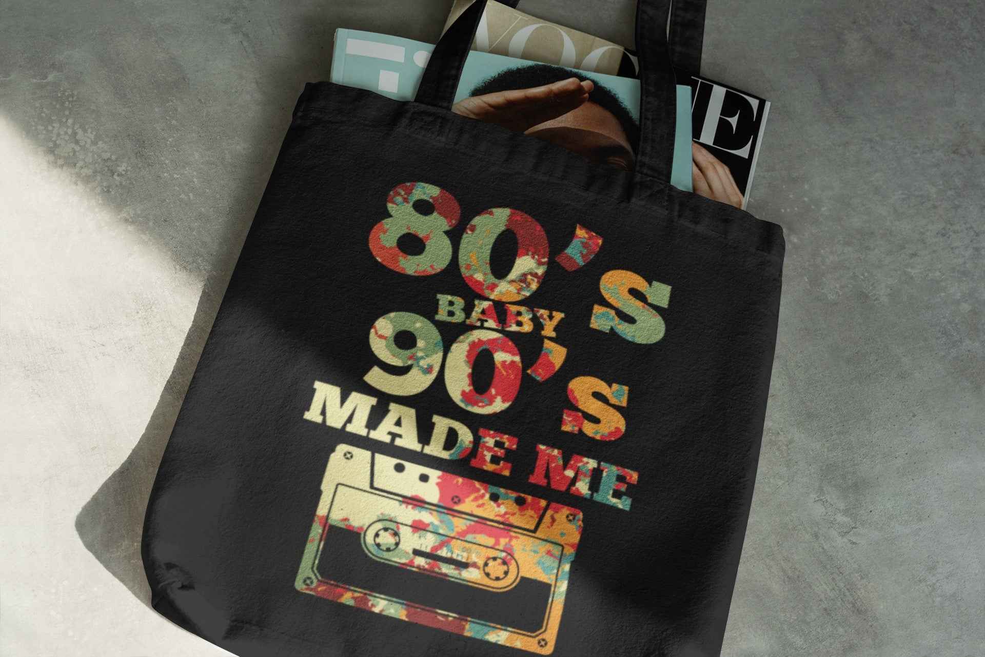 Retro 80s & 90s Tote Bag - '80s Baby 90's Made Me' Vintage Cassette Canvas Tote