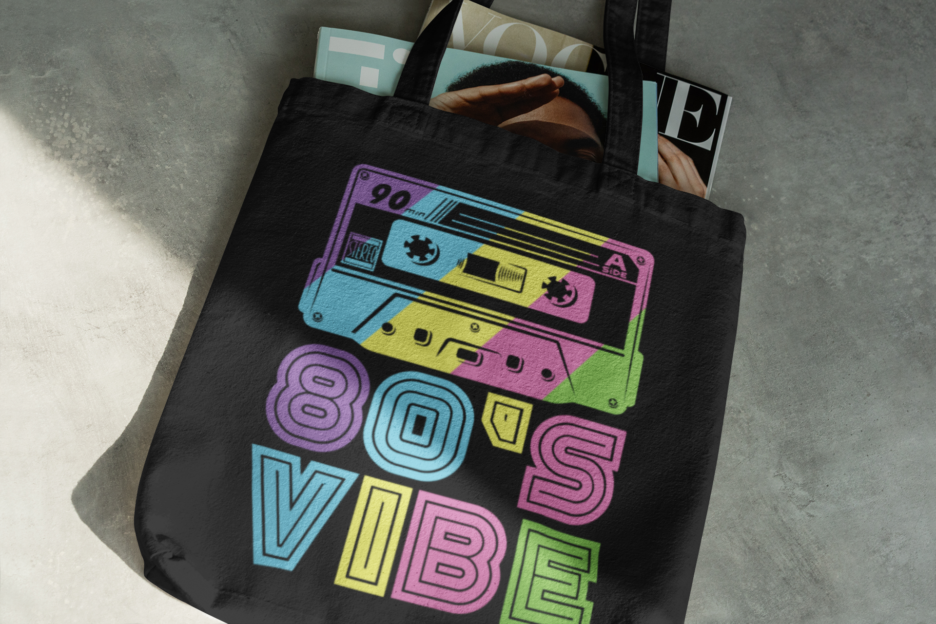 80's Vibe Reusable Shopping Tote Bag, Black with Colorful Cassette Tape Design, 15x16 Inches