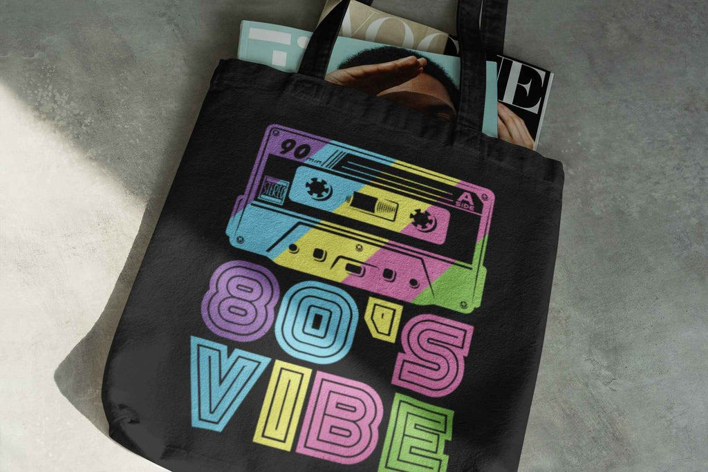 80's Vibe Reusable Shopping Tote Bag, Black with Colorful Cassette Tape Design, 15x16 Inches