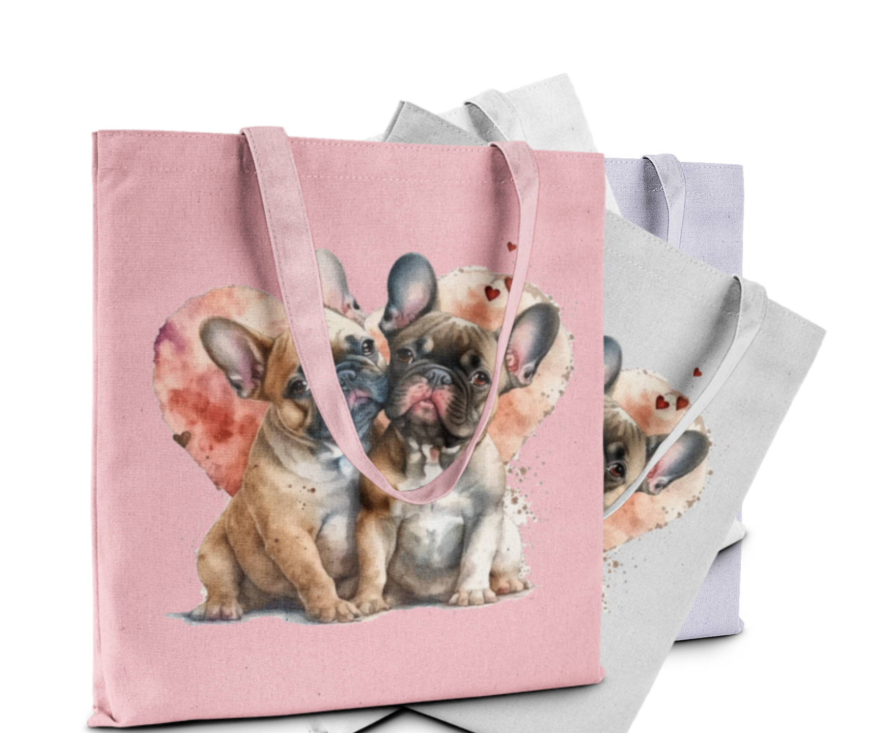 Pink tote bag with dog design on a white background