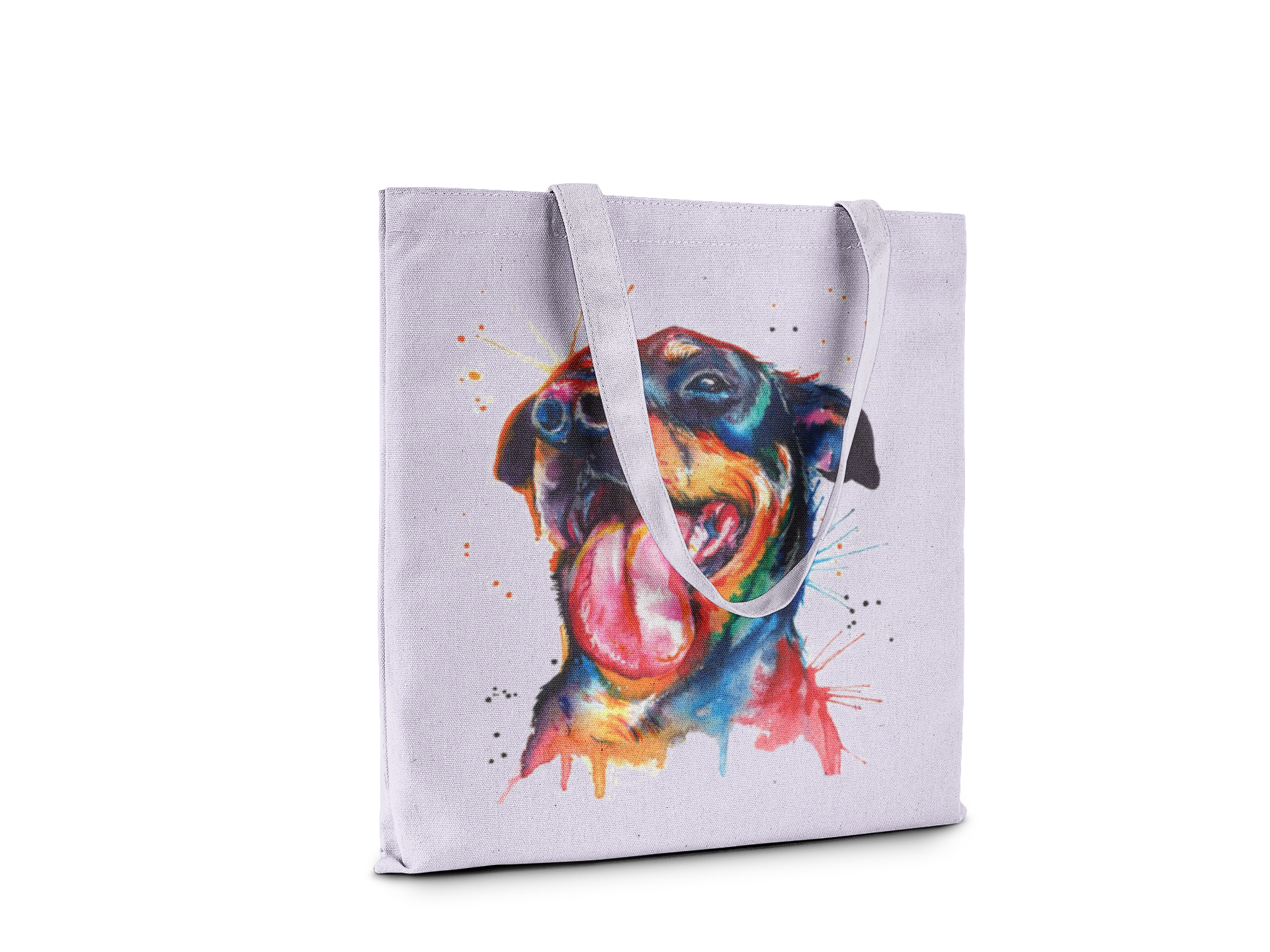 Tote bag with a colorful dog illustration on a white background