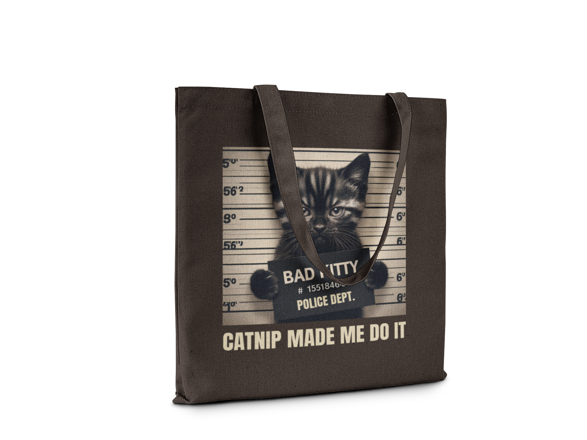 Tote bag with a cat-themed design featuring a kitten in a police mugshot on a white background.