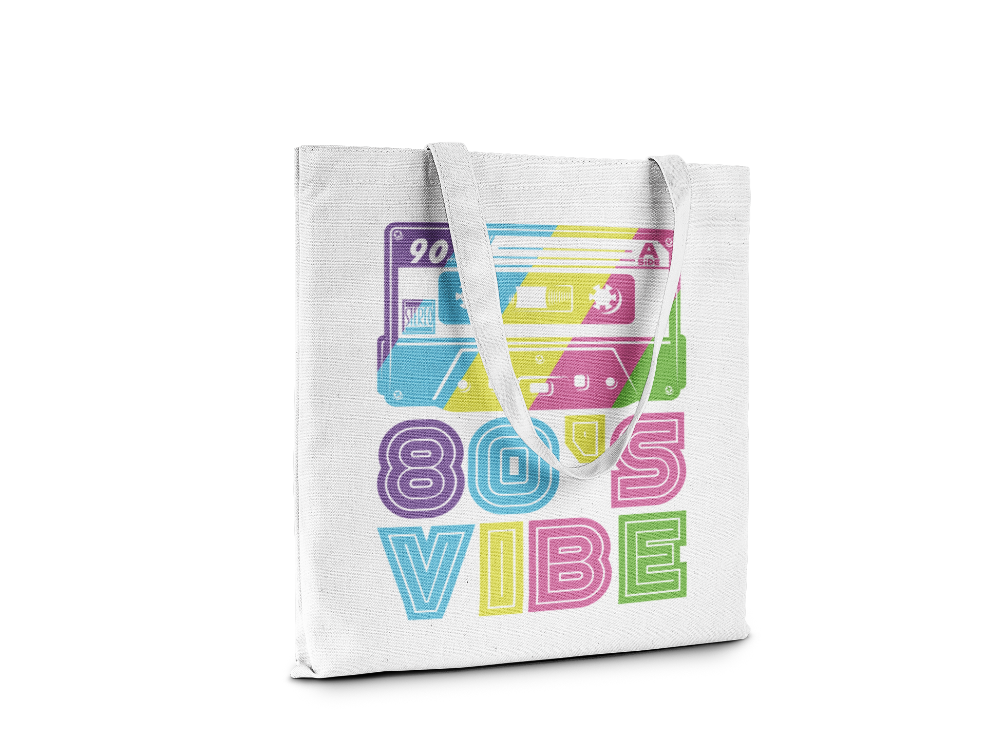 80's Vibe Reusable Shopping Tote Bag, Black with Colorful Cassette Tape Design, 15x16 Inches