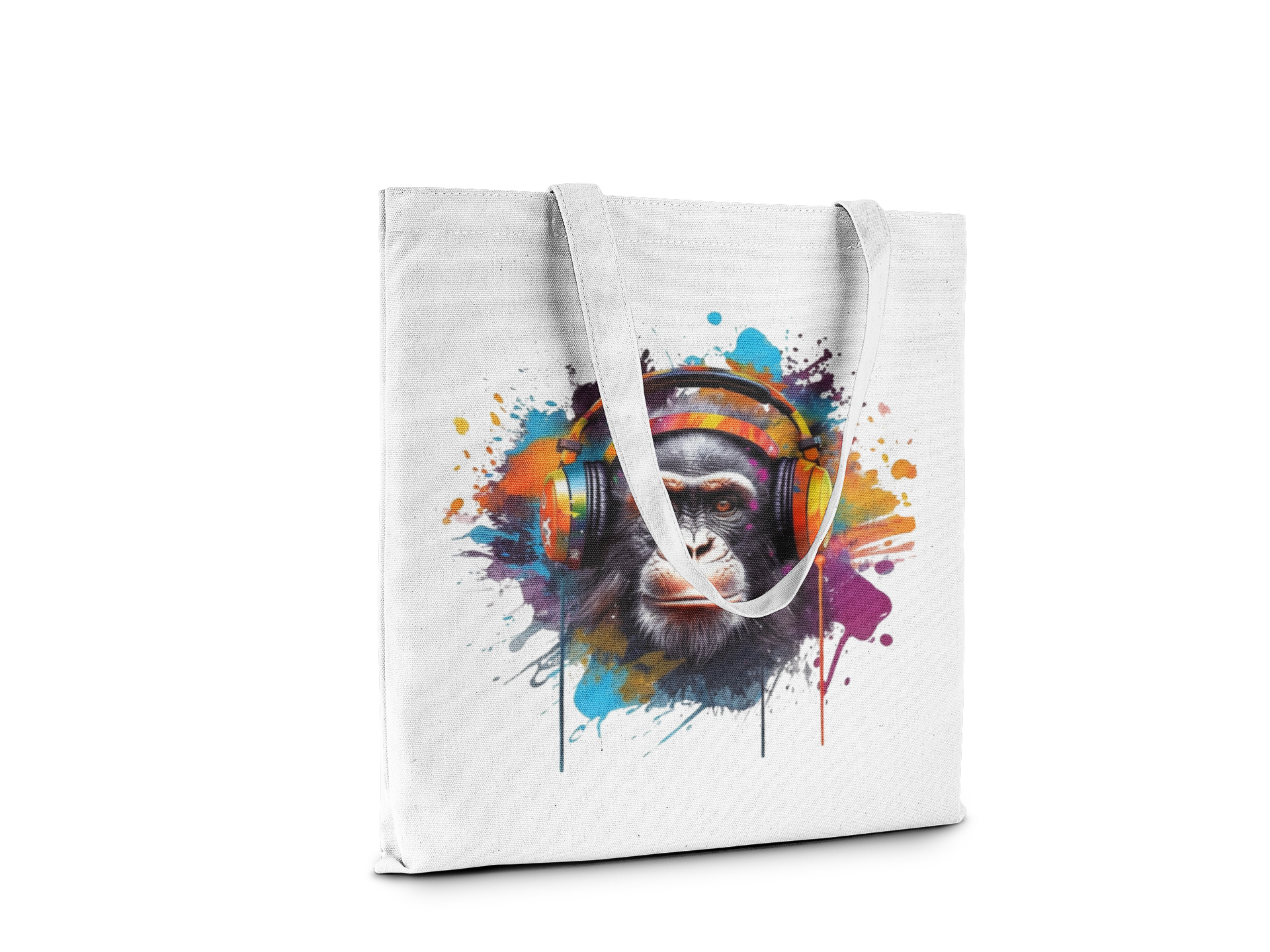 Tote bag with a colorful monkey design wearing headphones on a white background