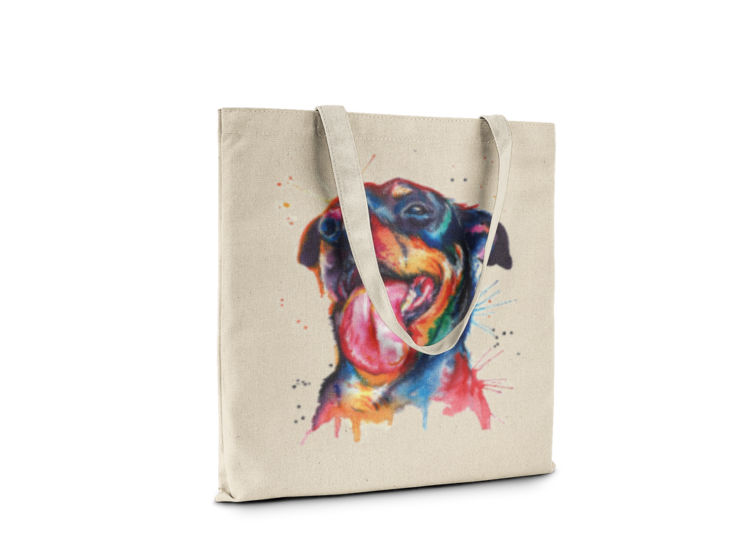 Tote bag with a colorful dog illustration on a white background