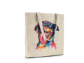 Tote bag with a colorful dog illustration on a white background
