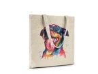 Tote bag with a colorful dog illustration on a white background