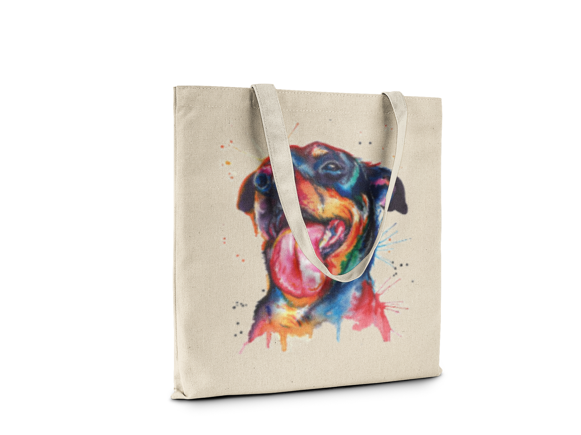 Tote bag with a colorful dog illustration on a white background