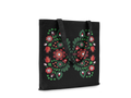 Black tote bag with colorful floral design on a white background