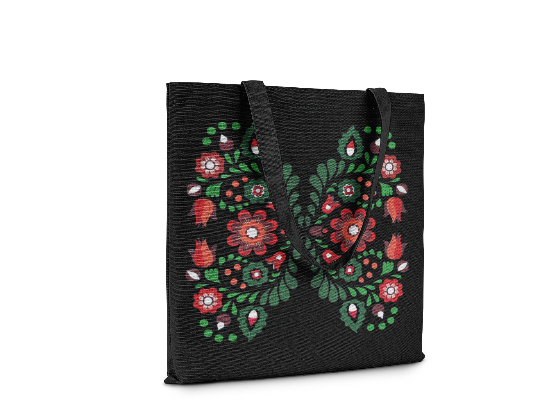 Black tote bag with colorful floral design on a white background