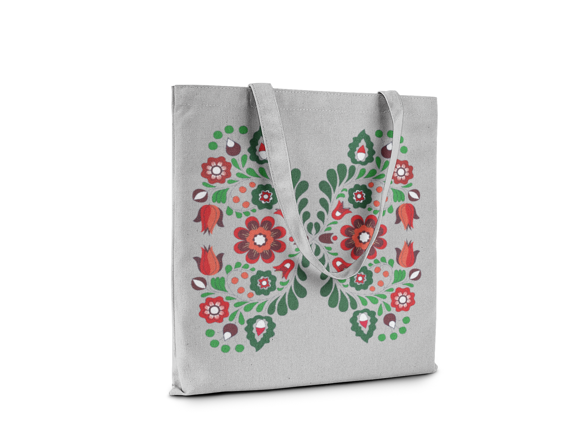 Gray tote bag with floral pattern on a white background