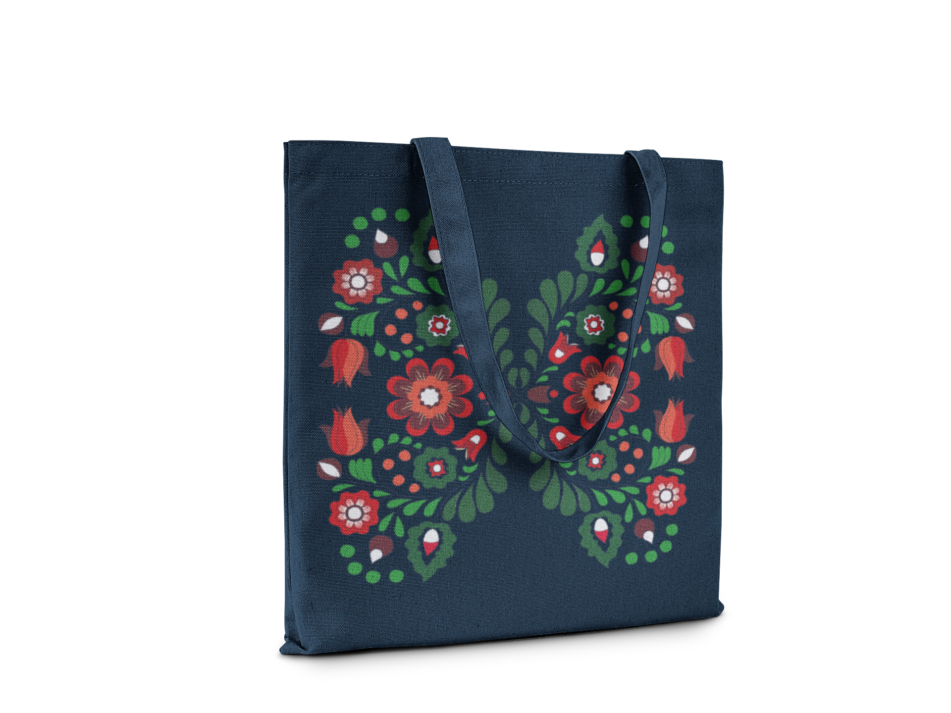Navy blue tote bag with floral design on a white background
