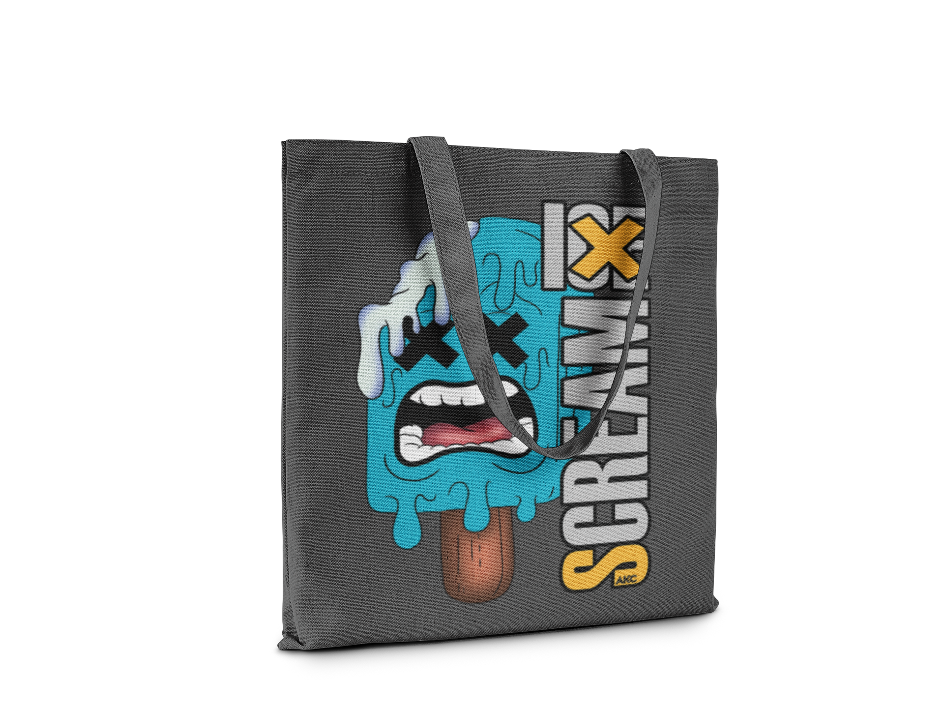 Gray tote bag with a popsicle graphic and 'Scream X' text on a white background