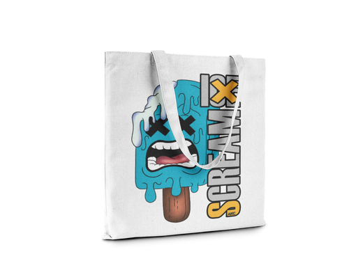 Tote bag with a popsicle graphic and 'Scream X' text on a white background