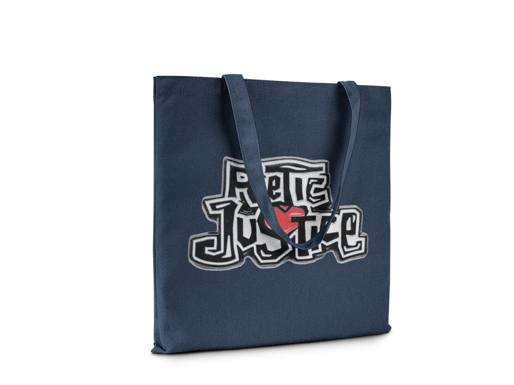 Navy blue tote bag with a logo on a white background