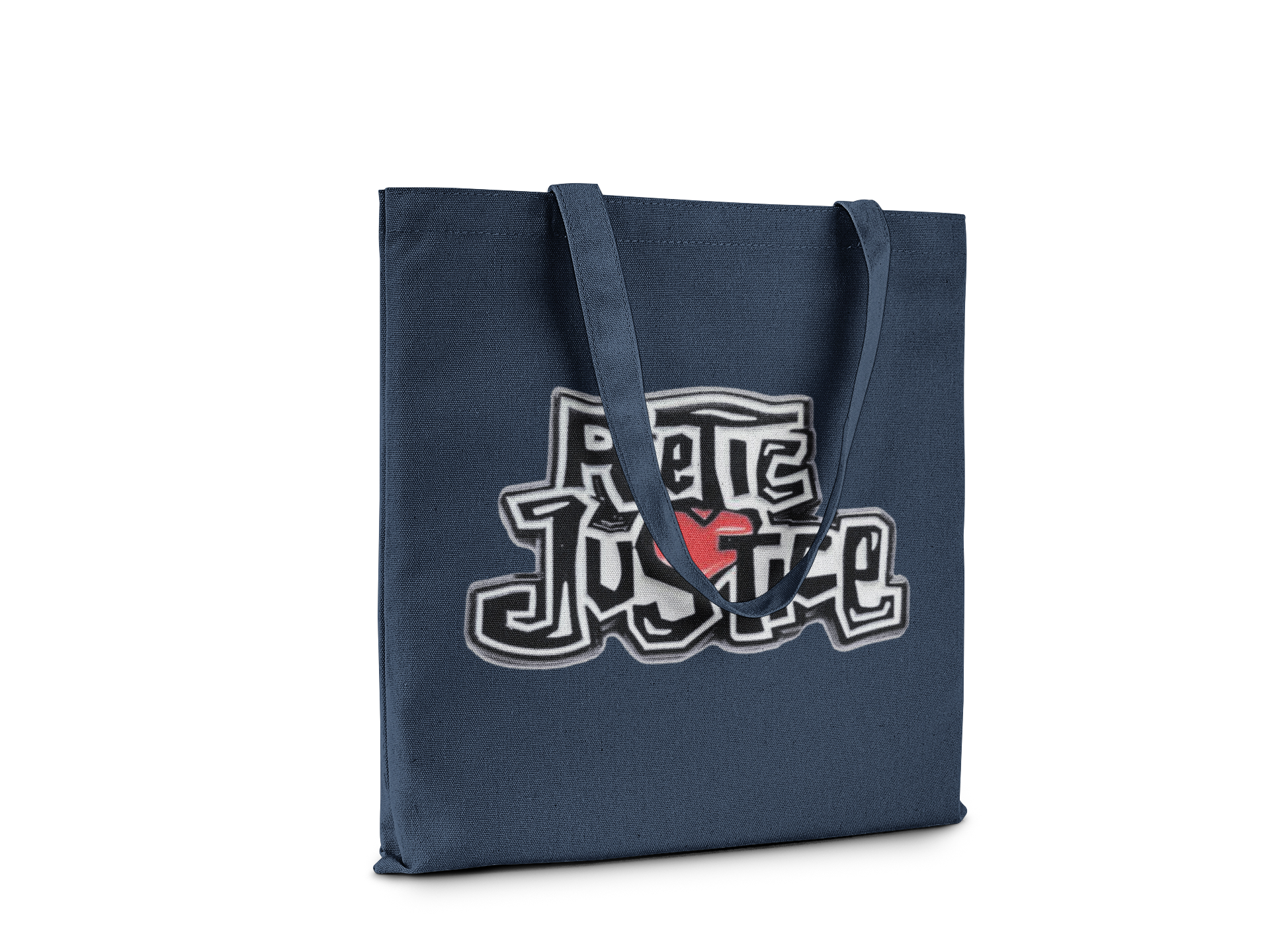 Navy blue tote bag with a logo on a white background
