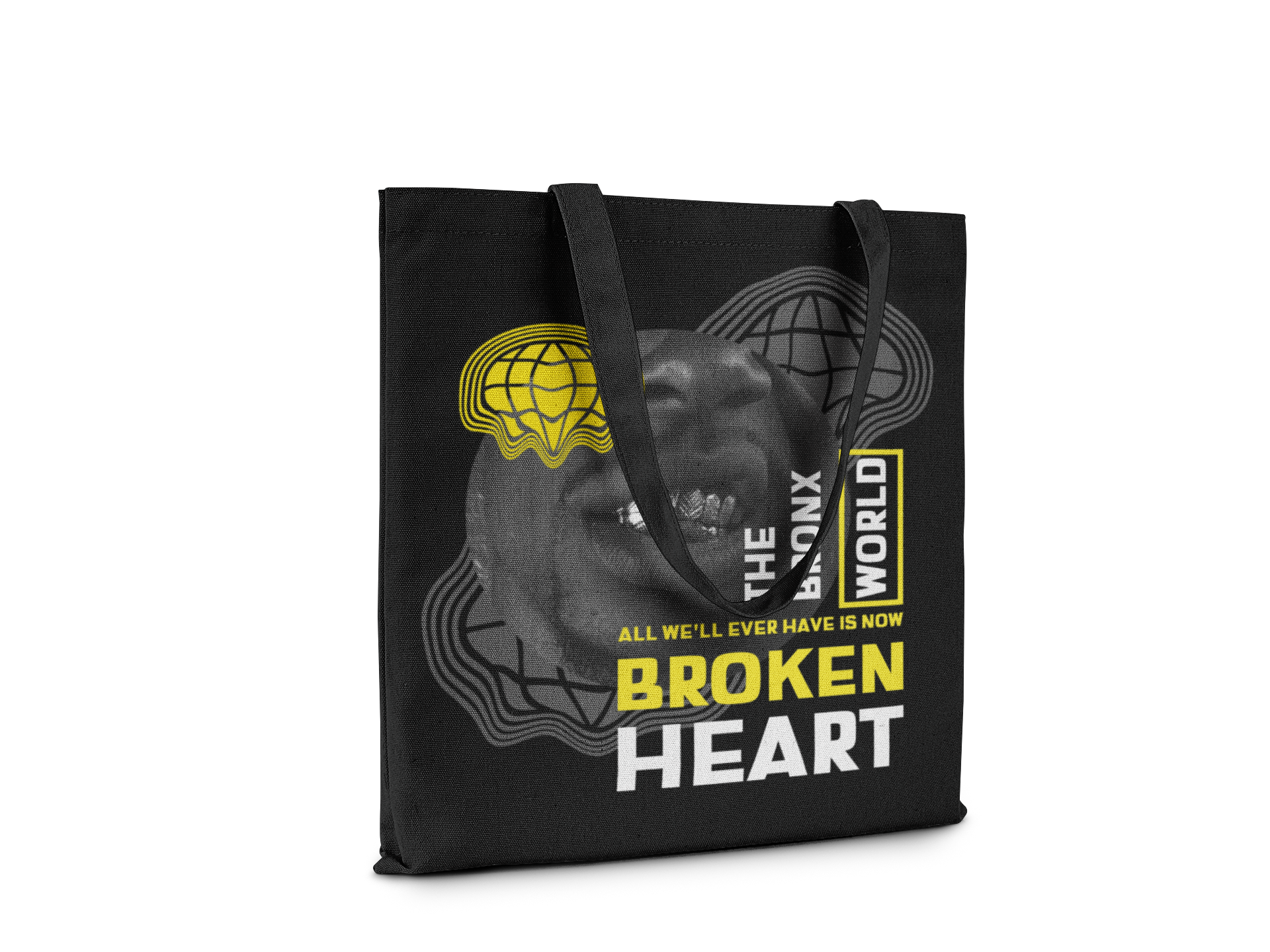 Black tote bag with graphic design and text on a white background