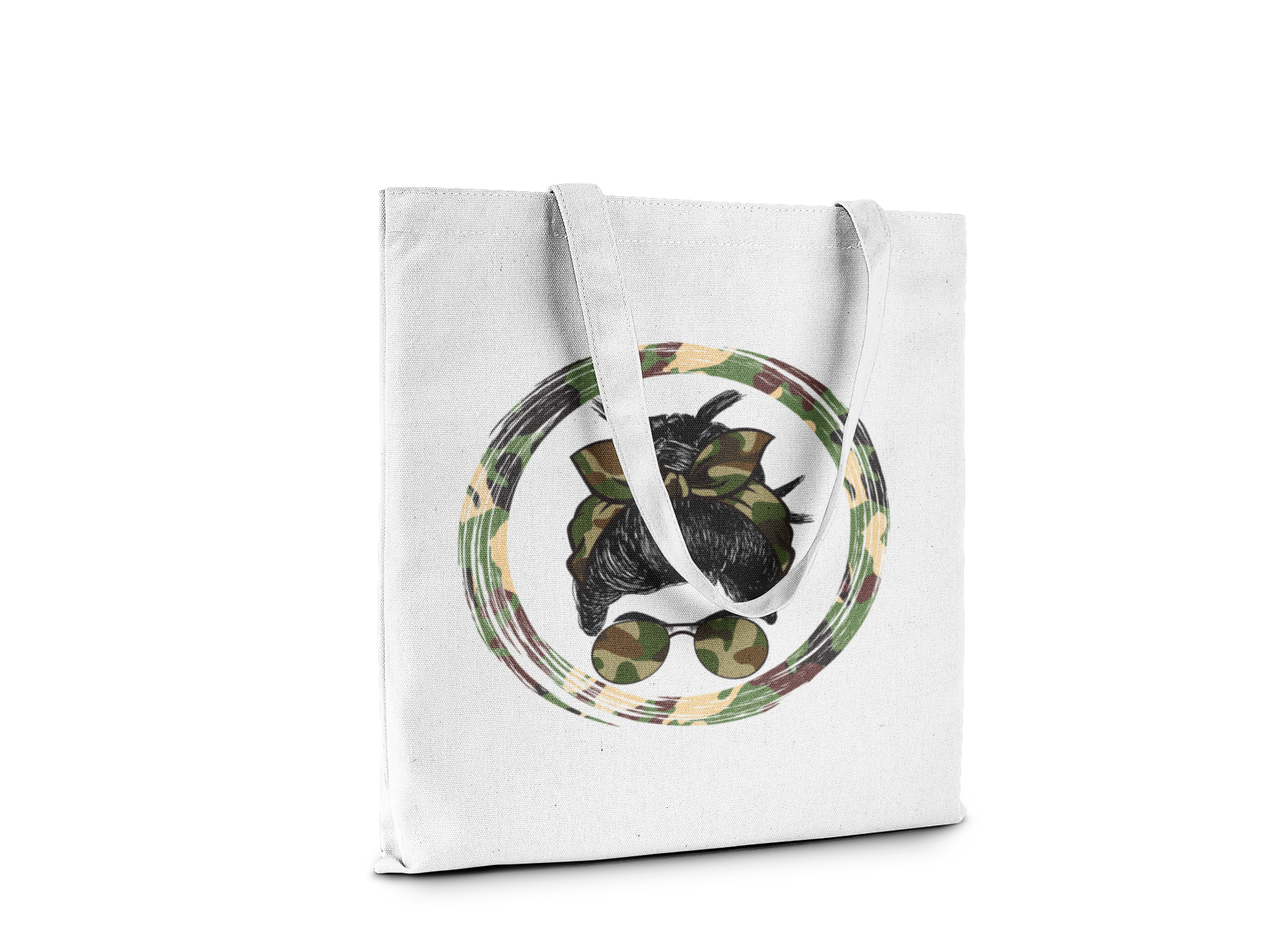White tote bag with a graphic design of a black cat wearing sunglasses and a peace sign on a white background