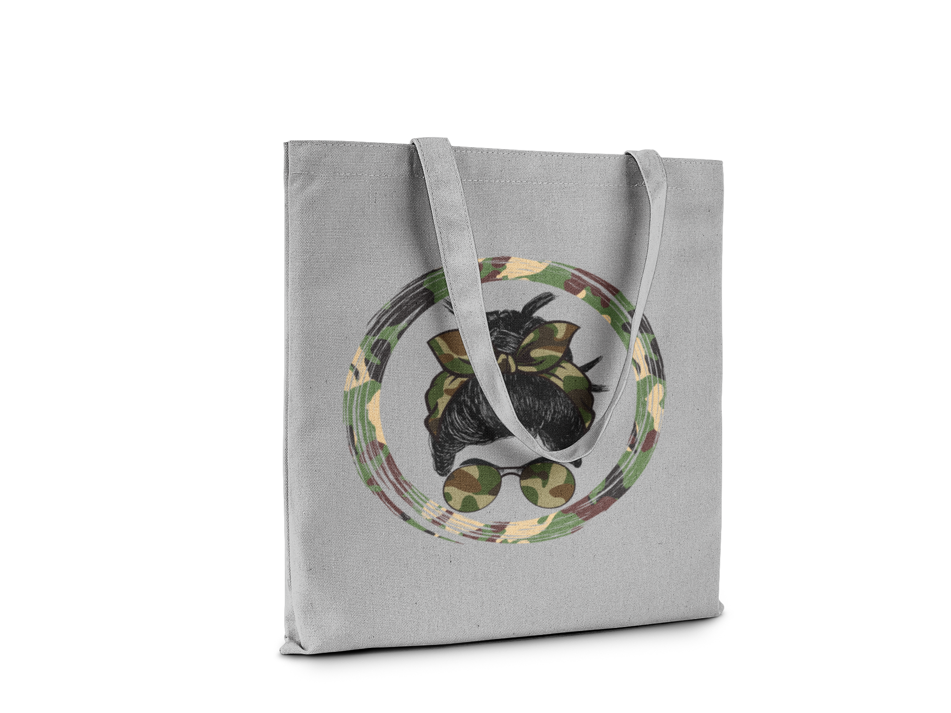 Gray tote bag with a design of a black cat wearing sunglasses and a bow tie on a white background