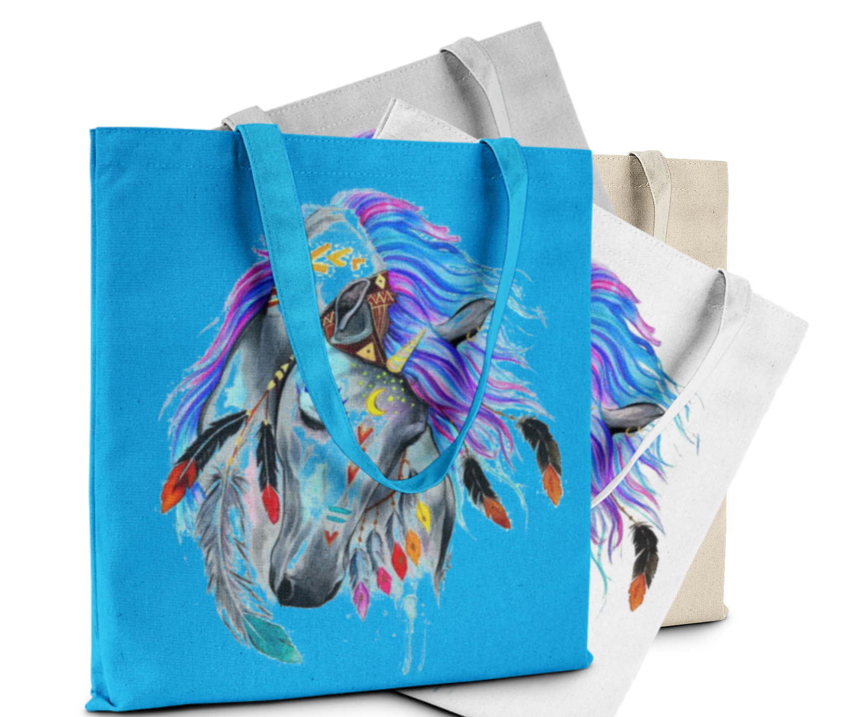 Tote bag with a colorful horse design on a white background