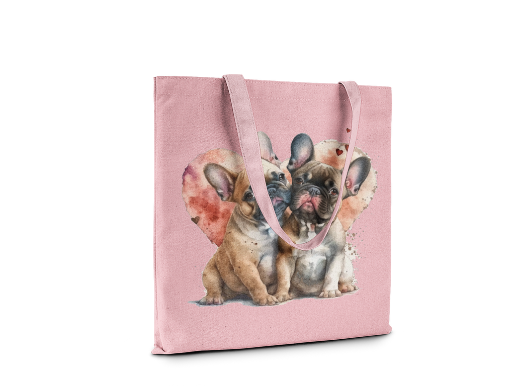 Pink tote bag with dog illustrations on a white background