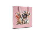Pink tote bag with dog illustrations on a white background