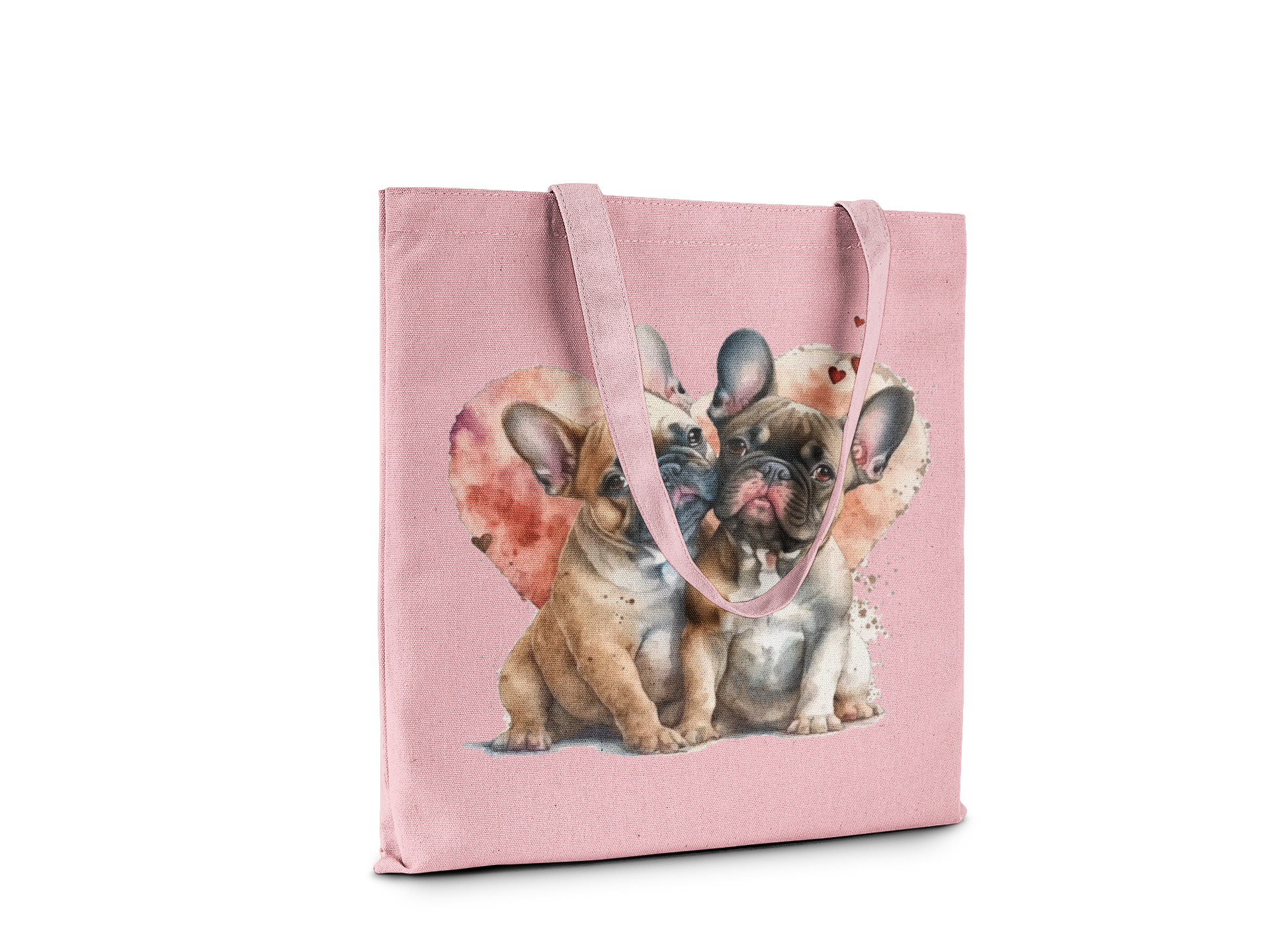 Pink tote bag with dog illustrations on a white background