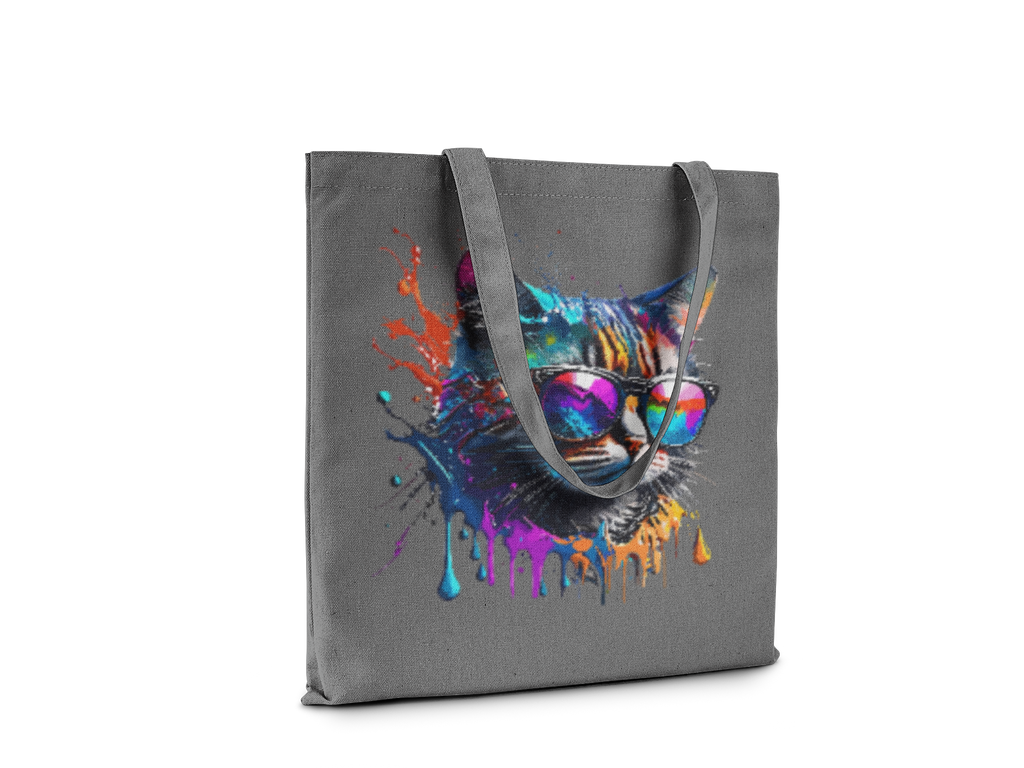 Gray tote bag with a colorful cat design on a white background