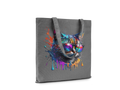 Gray tote bag with a colorful cat design on a white background