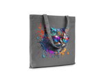Gray tote bag with a colorful cat design on a white background