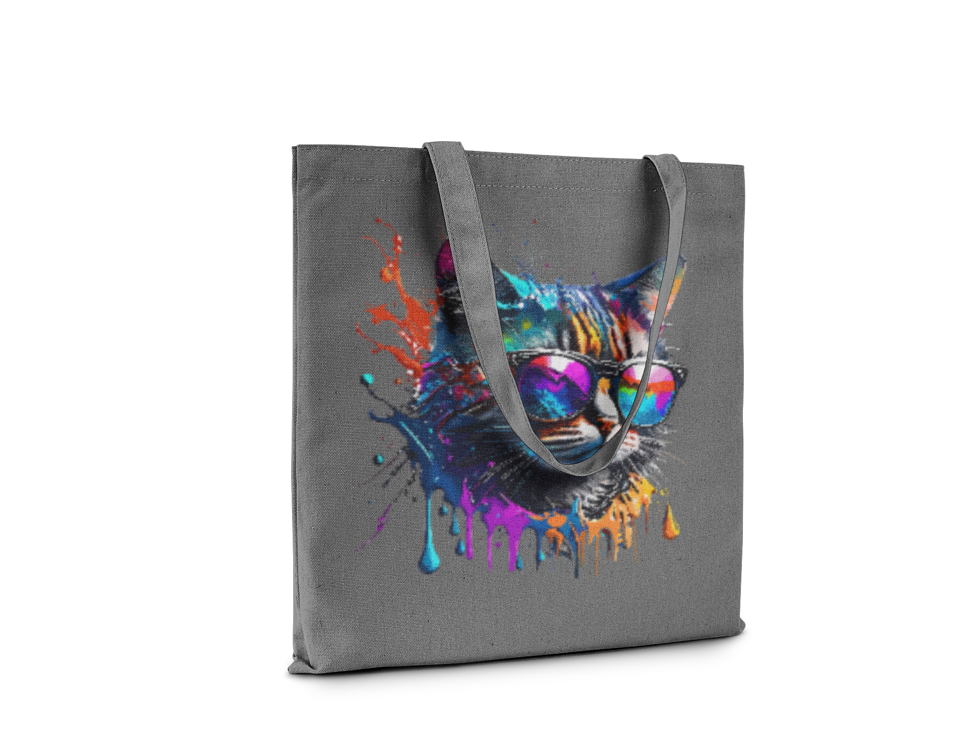 Gray tote bag with a colorful cat design on a white background