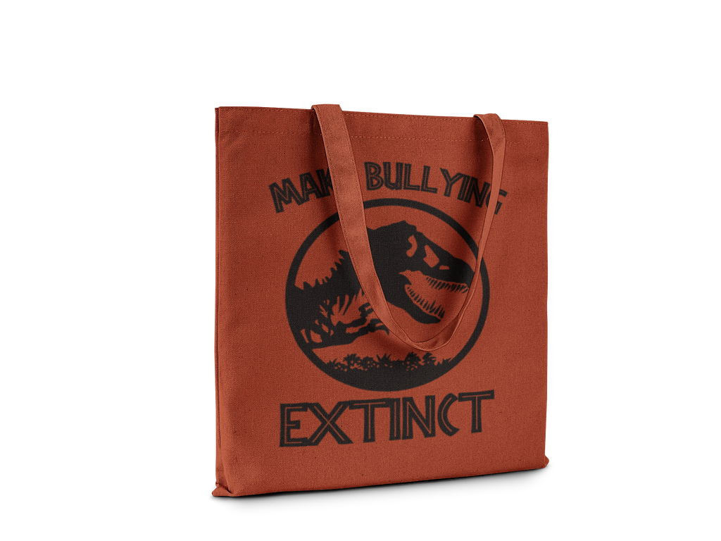 Brown tote bag with black graphic and text on a white background