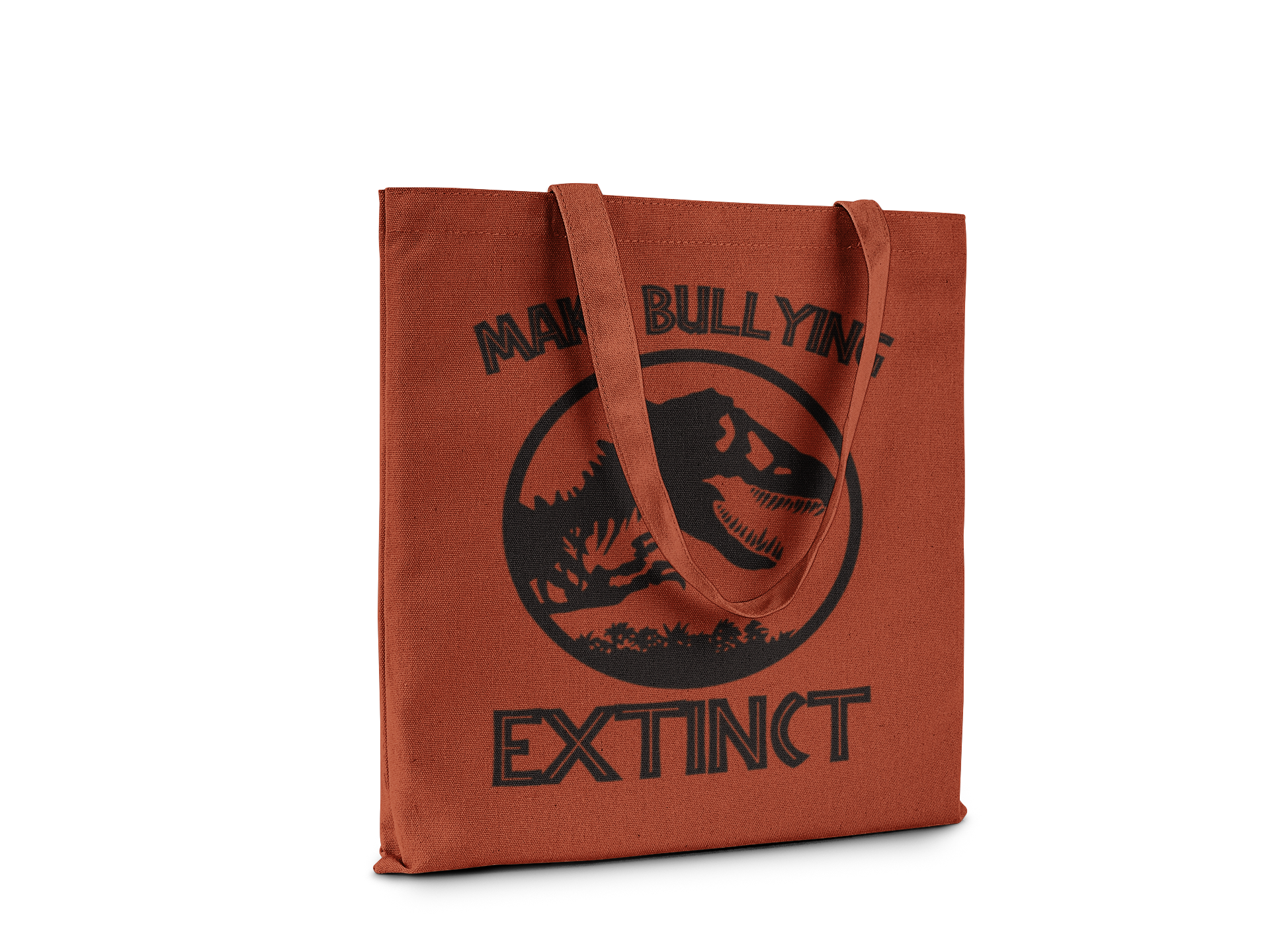 Brown tote bag with black graphic and text on a white background