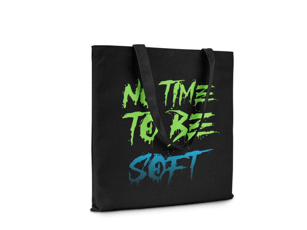 Black tote bag with green and blue text on a white background