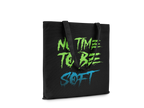 Black tote bag with green and blue text on a white background
