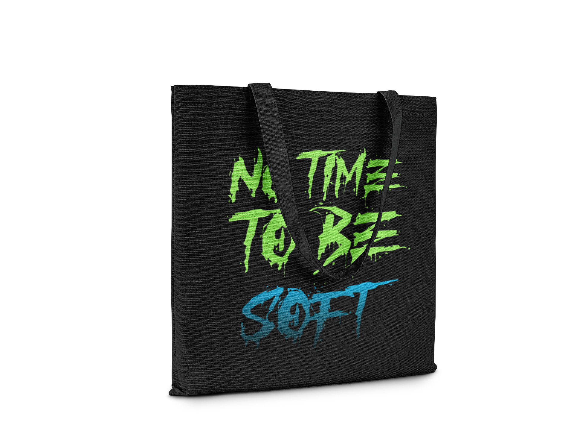 Black tote bag with green and blue text on a white background
