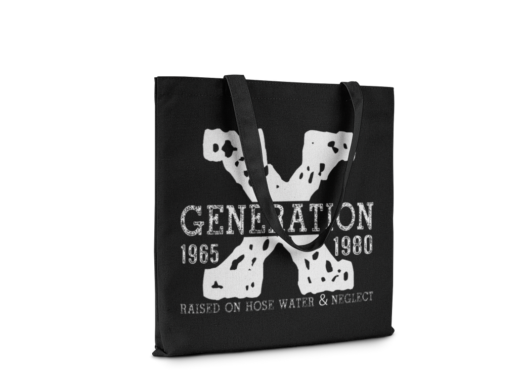 Black tote bag with white graphic design and text on a white background