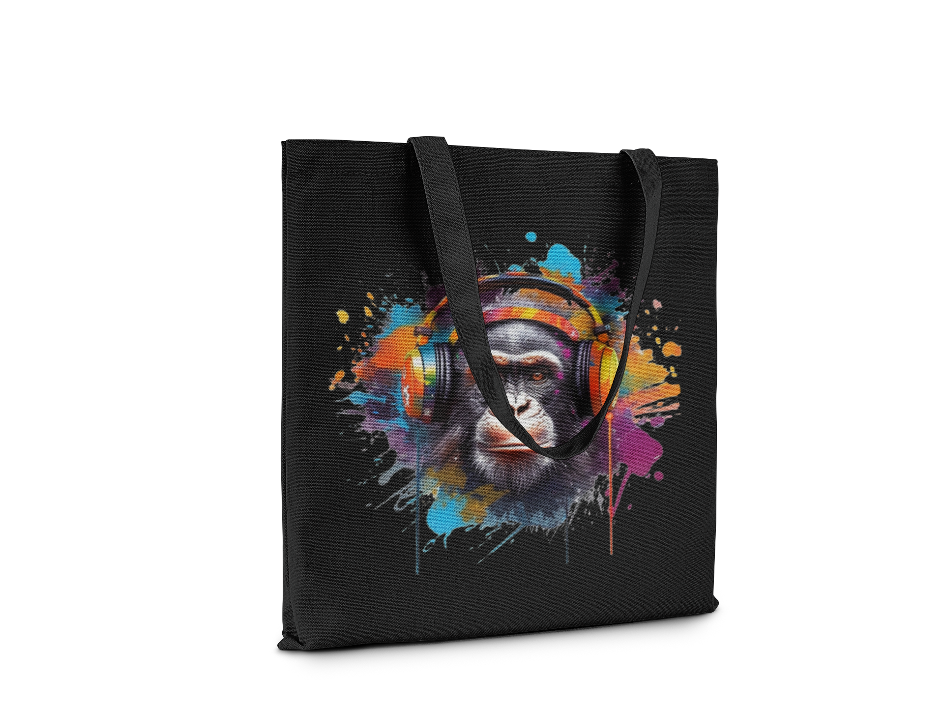 Black tote bag with a colorful monkey design wearing headphones on a white background