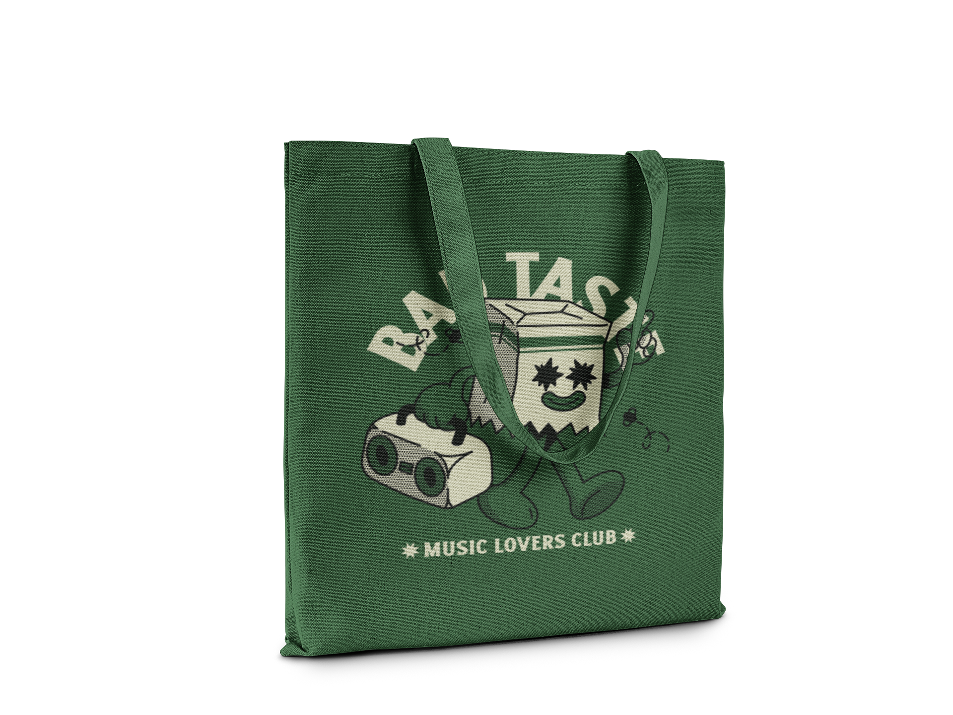 Green tote bag with cartoon character and text on a white background