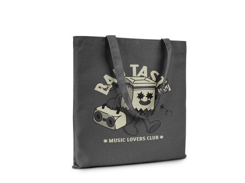 Gray tote bag with cartoon character and text on a white background