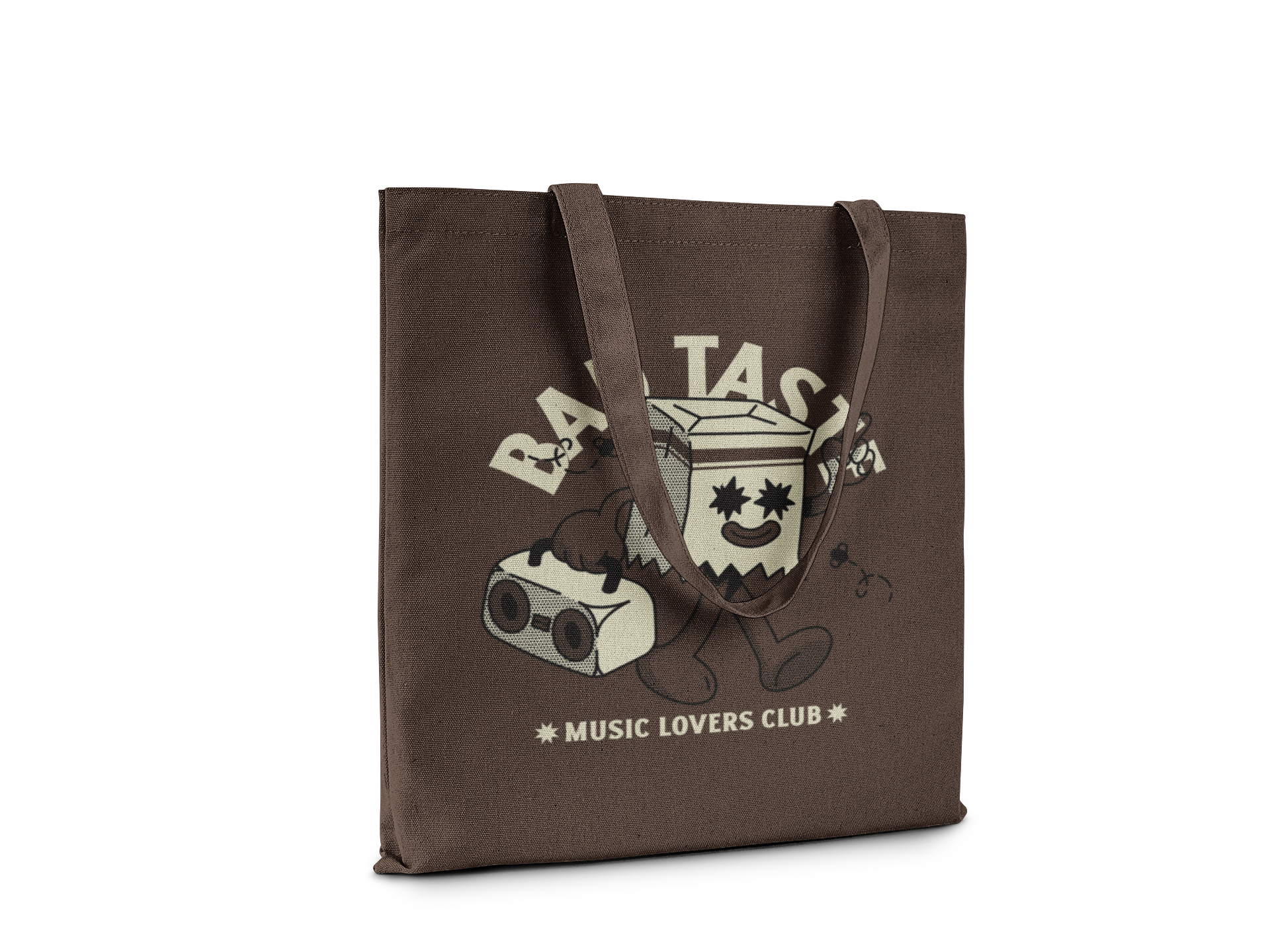 Brown tote bag with cartoon character and text on a white background