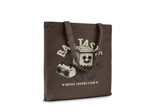 Brown tote bag with cartoon character and text on a white background