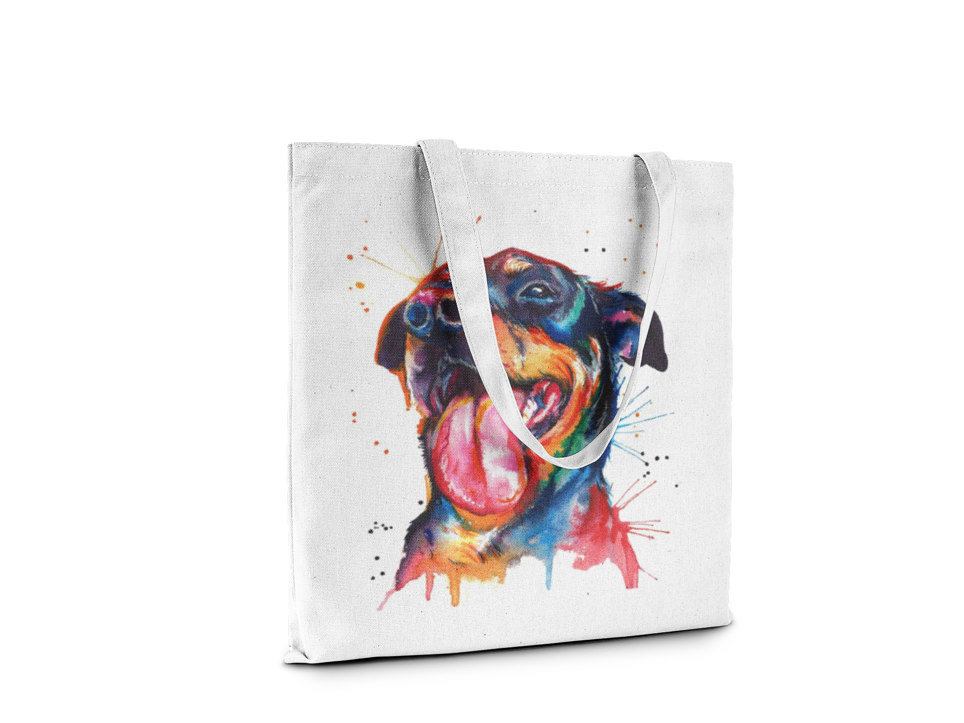 Tote bag with a colorful dog illustration on a white background